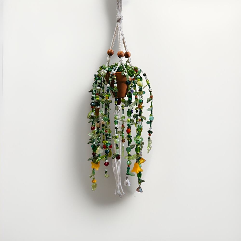 OOAK Miniature Dainty Beaded Plant w/ Macrame Hanger - Forever Plant Sun Catcher